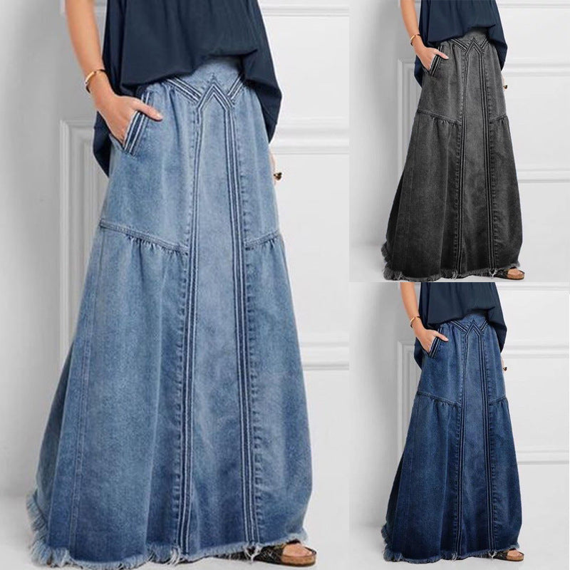 European and American Cross-Border Women's Autumn and Winter Denim A-Line Skirt Bundled with Brushed Elastic High Waist Simple Versatile Long Skirt