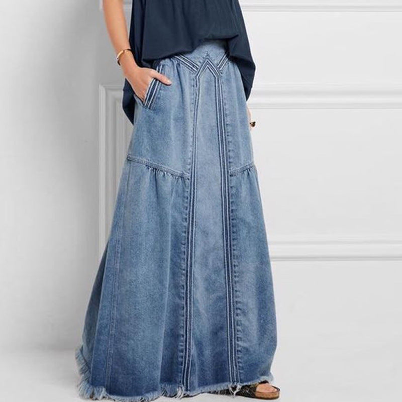 European and American Cross-Border Women's Autumn and Winter Denim A-Line Skirt Bundled with Brushed Elastic High Waist Simple Versatile Long Skirt