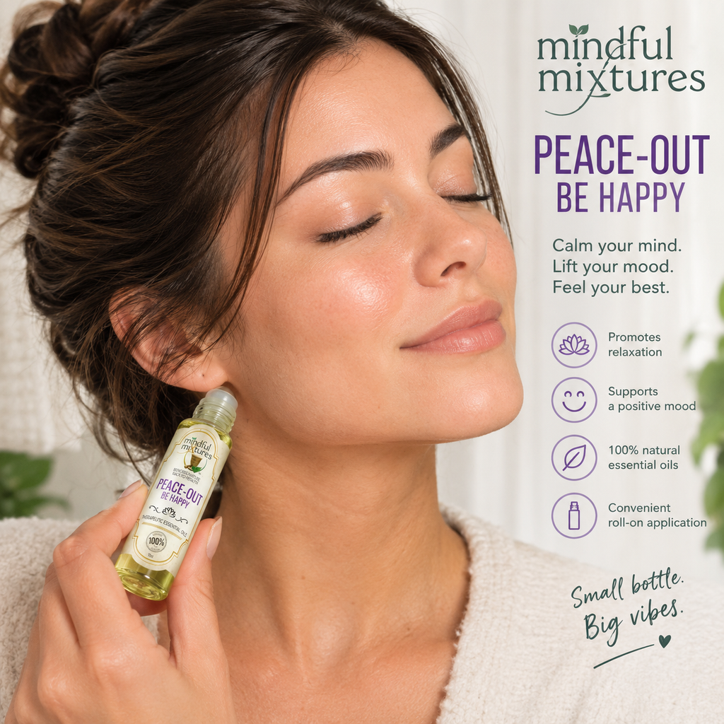 A woman with closed eyes applies a small bottle of Peace-Out Be Happy essential oil to her temple. The image features a clean white background with text and icons on the right detailing the benefits of the oil, and the brand 'mindful mixtures' at the top right.