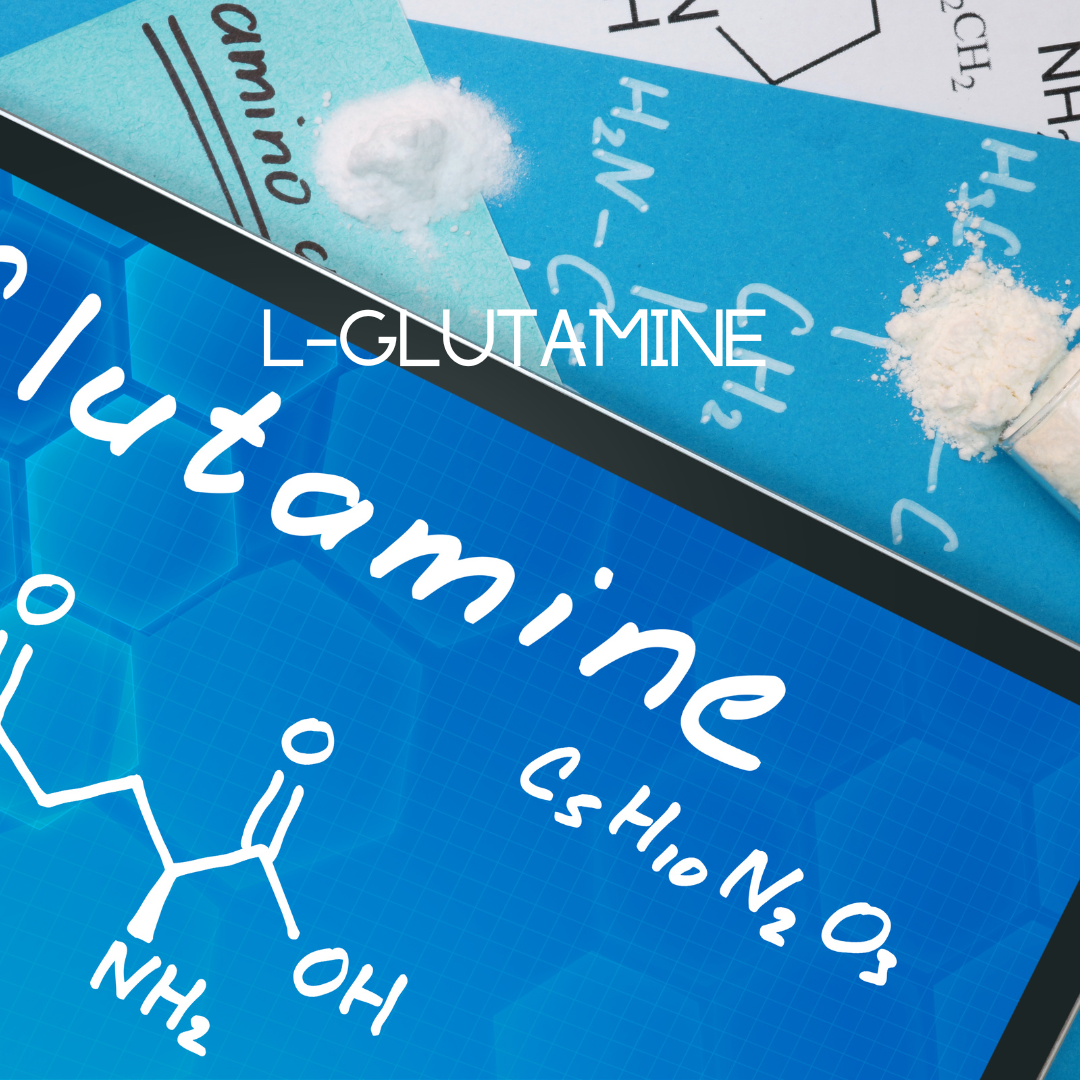 L-Glutamine powder with molecular structure diagram on a blue background