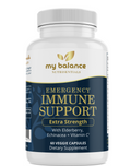 A white plastic bottle of 'my balance' Emergency Immune Support dietary supplement with a white ribbed cap, featuring a navy and gold label.