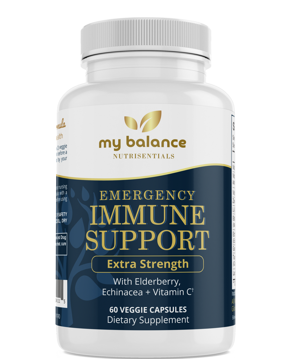 A white plastic bottle of 'my balance' Emergency Immune Support dietary supplement with a white ribbed cap, featuring a navy and gold label.