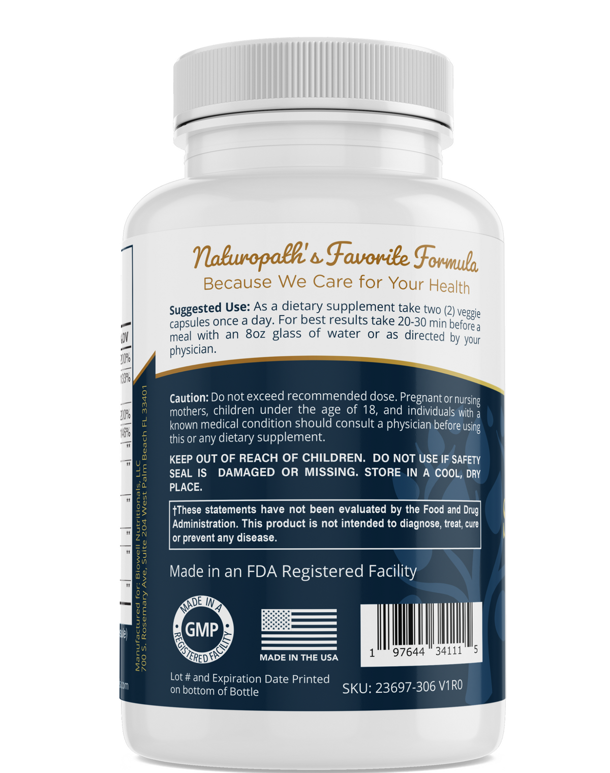 Supplement bottle label with text and logos on a white background