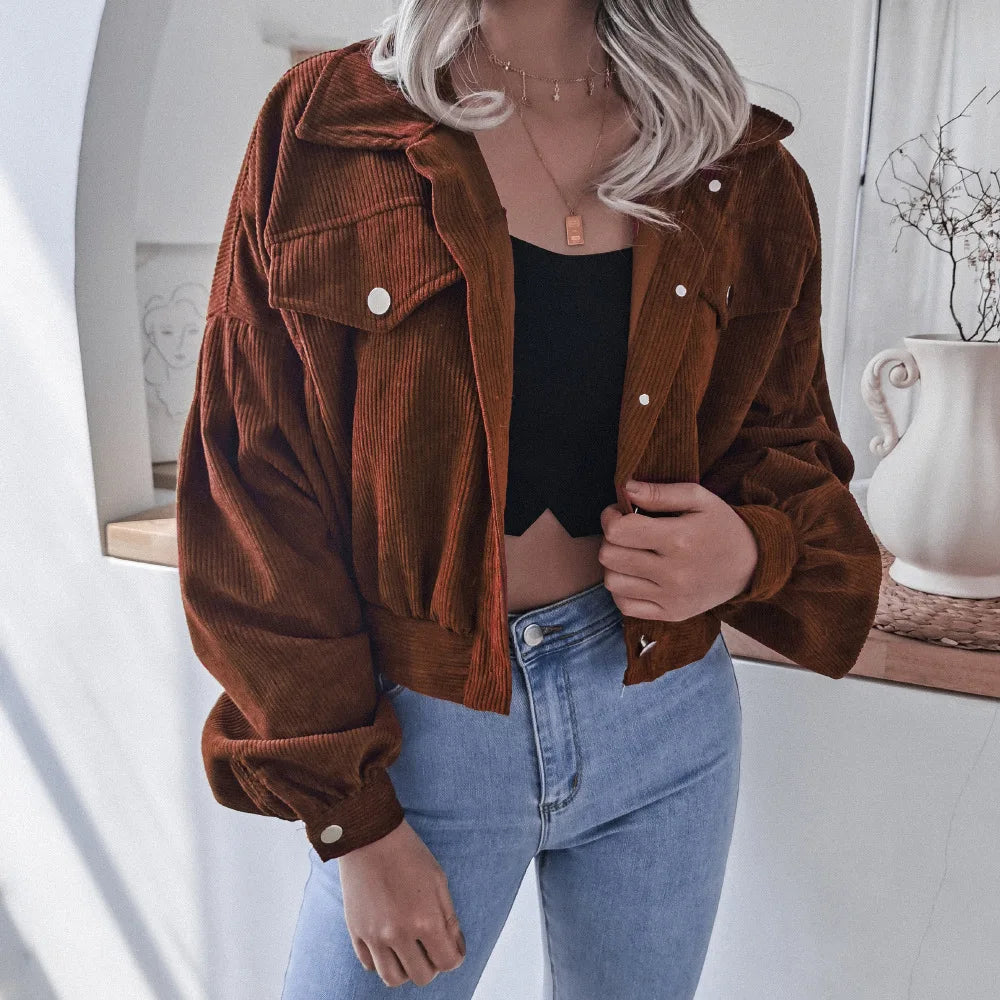 Hot Sale Women's Fall and Winter Lantern Long-Sleeved Corduroy Casual Short Fashion