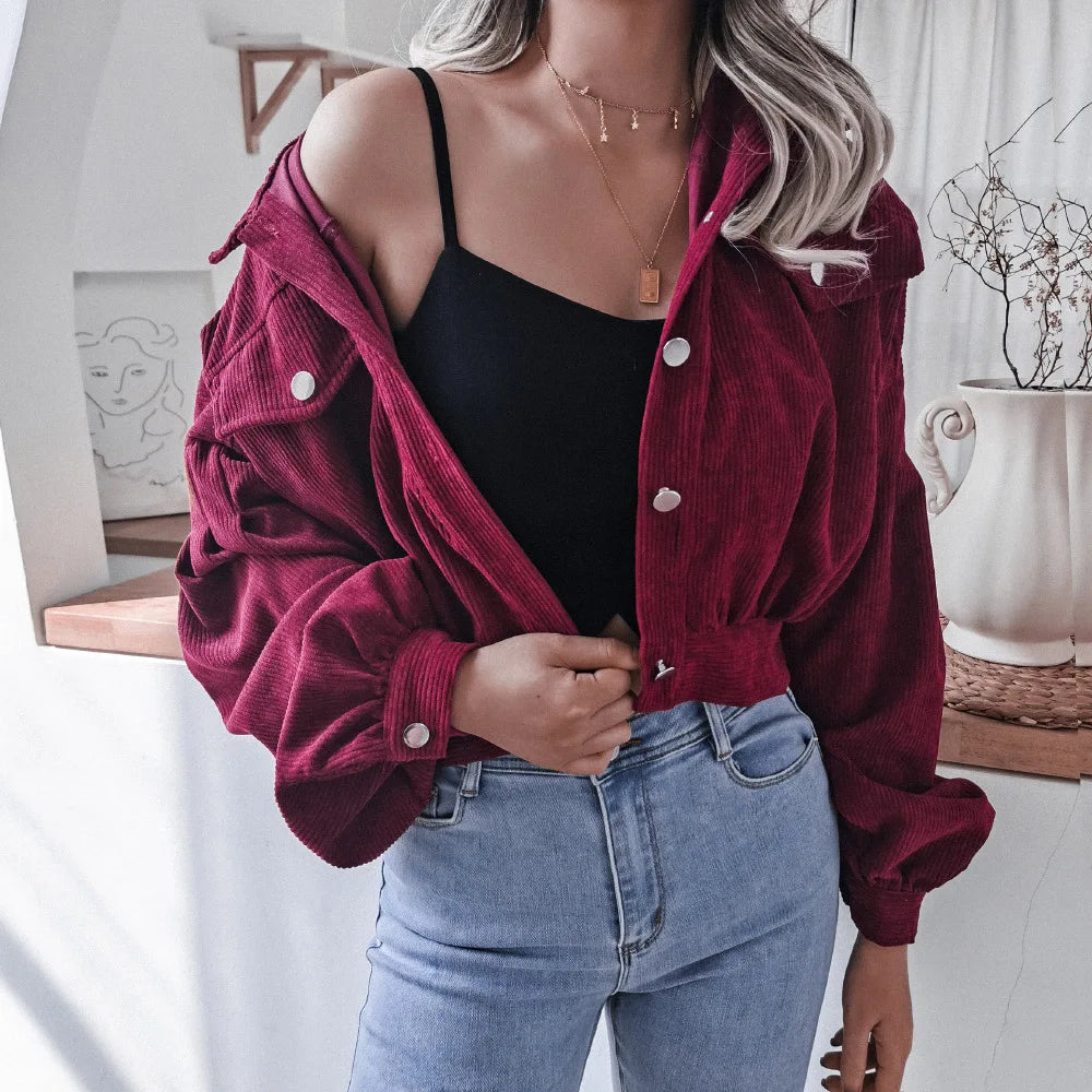 Hot Sale Women's Fall and Winter Lantern Long-Sleeved Corduroy Casual Short Fashion