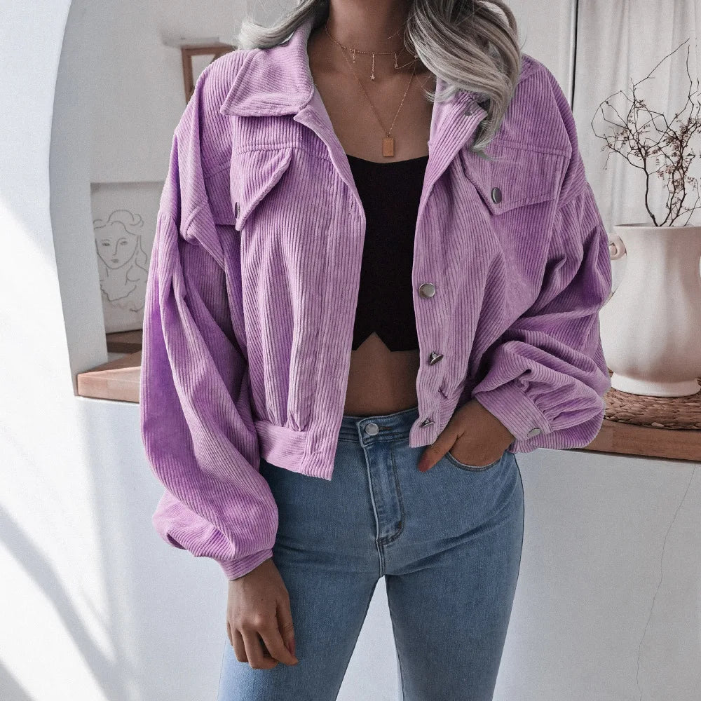 Wholesale Autumn and Winter Casual Turn-down Collar Corduroy Coat Lantern Sleeve Single-breasted Short Women