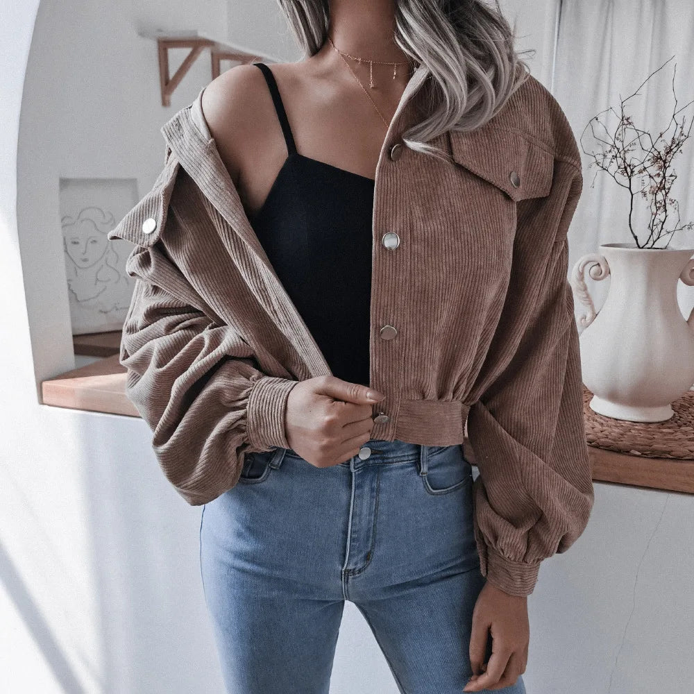 Hot Sale Women's Fall and Winter Lantern Long-Sleeved Corduroy Casual Short Fashion