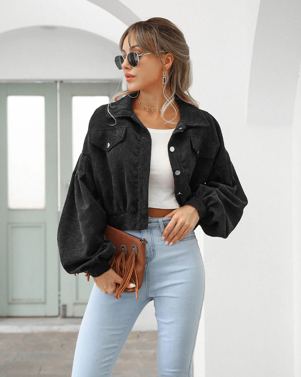 Wholesale Autumn and Winter Casual Turn-down Collar Corduroy Coat Lantern Sleeve Single-breasted Short Women