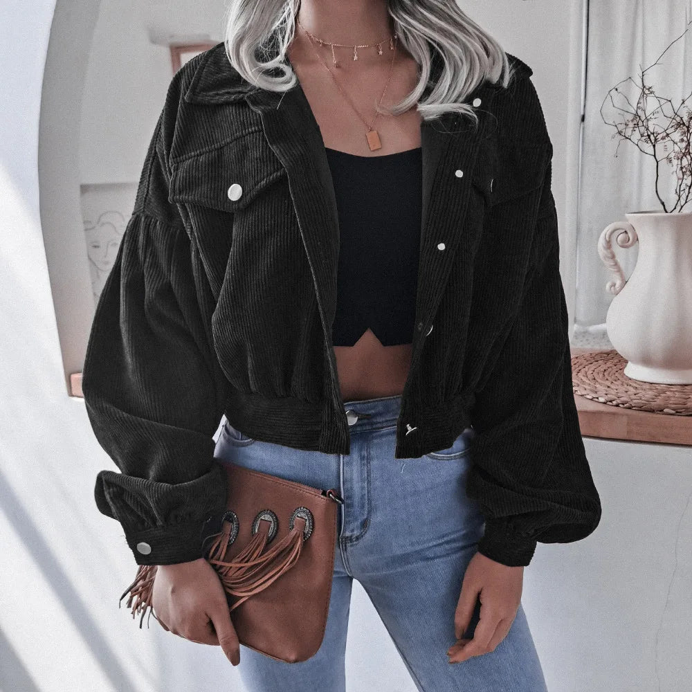 Hot Sale Women's Fall and Winter Lantern Long-Sleeved Corduroy Casual Short Fashion