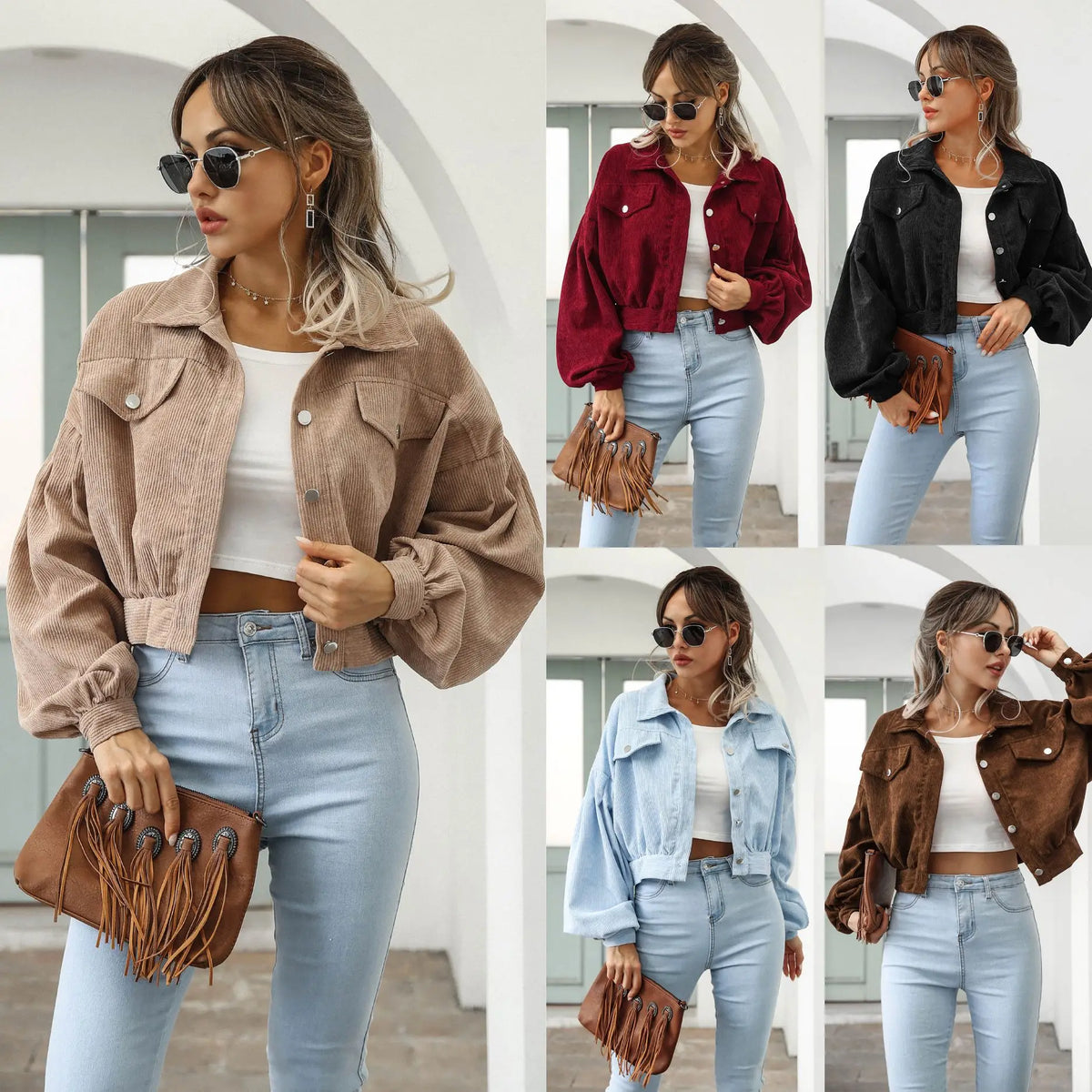 Wholesale Autumn and Winter Casual Turn-down Collar Corduroy Coat Lantern Sleeve Single-breasted Short Women