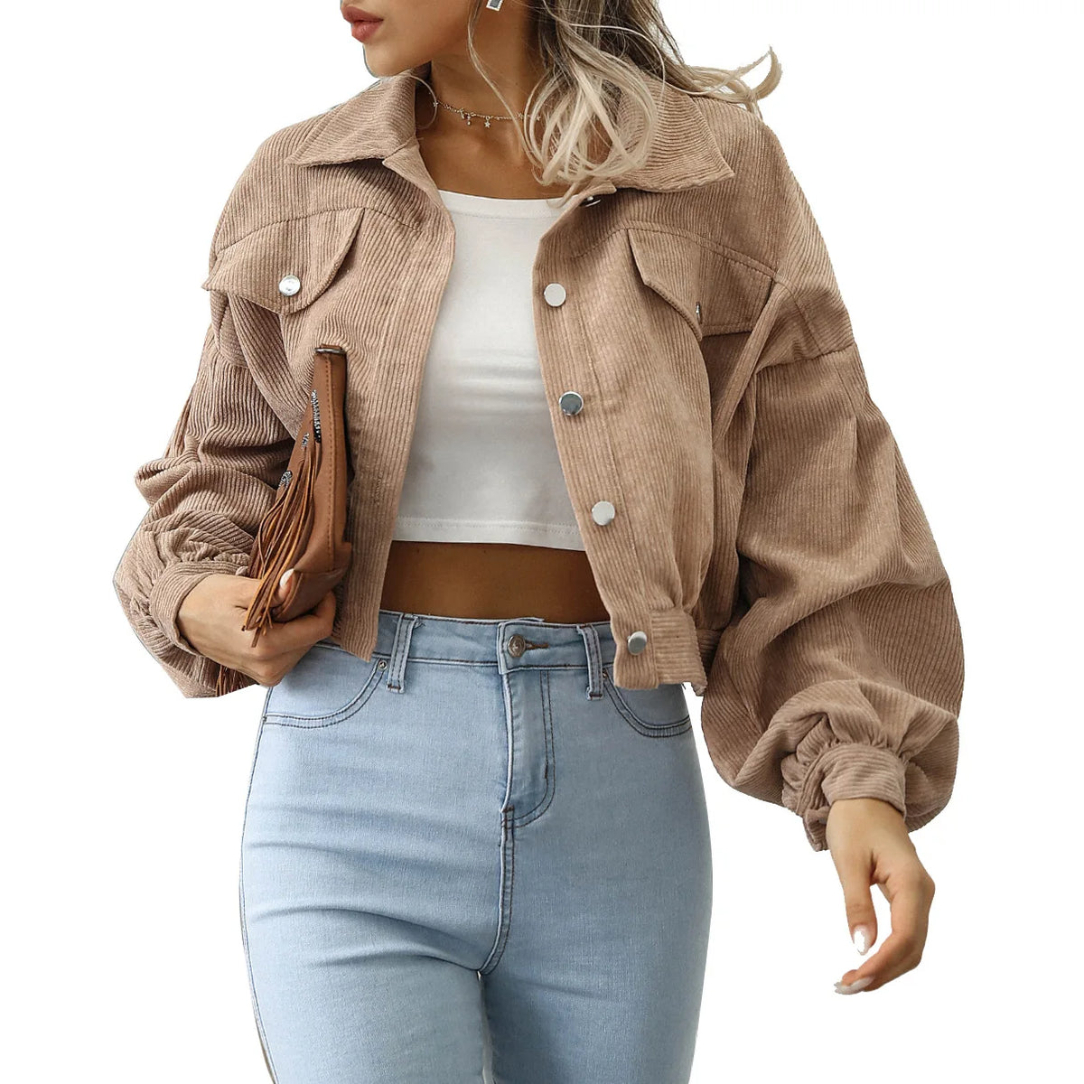 Wholesale Autumn and Winter Casual Turn-down Collar Corduroy Coat Lantern Sleeve Single-breasted Short Women