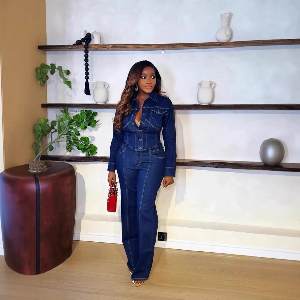 C260108 Woman Casual 2 Piece Set Top and Pants Denim Set T-shirt With Trouser Set for Daily Dressing Available