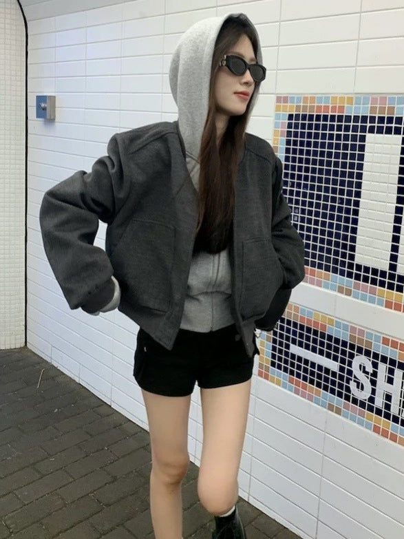 Vintage Hooded Stitching Short Jacket Coat Women's Autumn Suit Sense Loose Casual Baseball Suit Top Trendy Ins