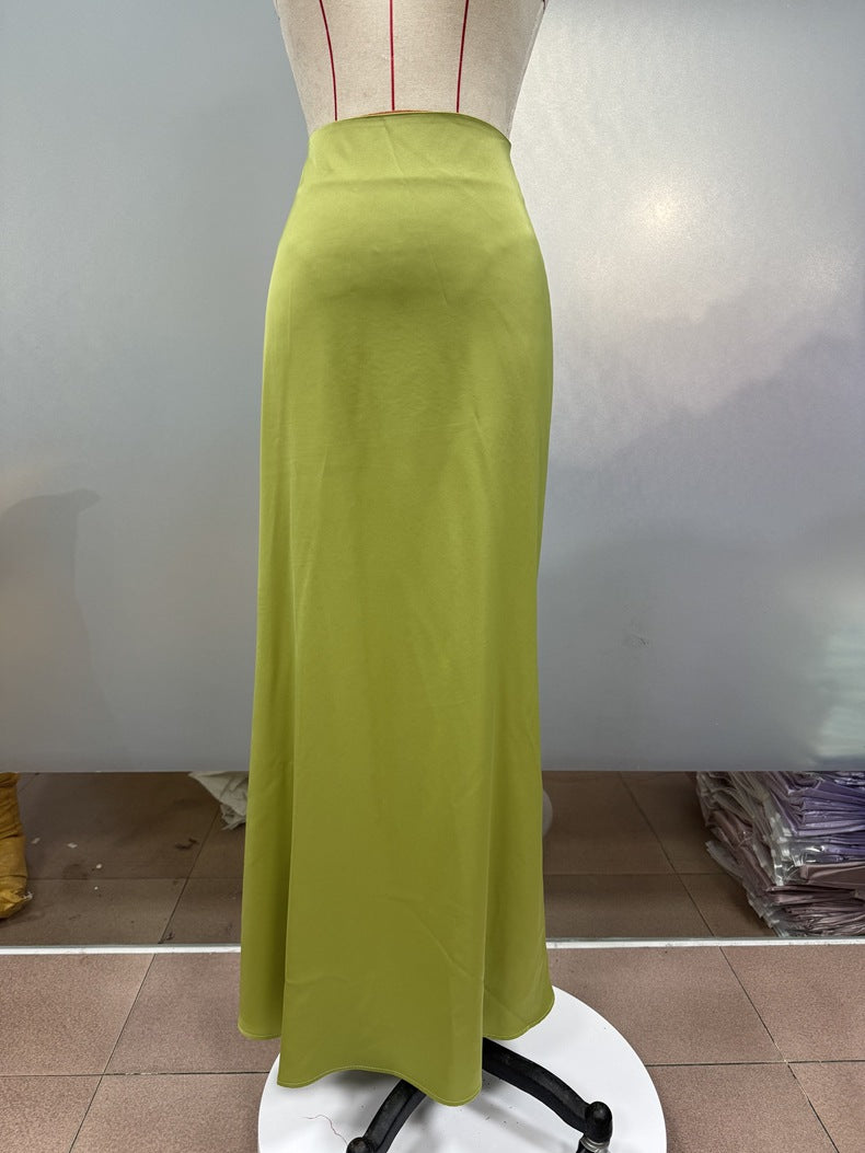 Foreign Trade Cross-Border Satin Skirt Spring and Summer New European and American Amazon Simple Imitation Silk Long Skirt Women's Clothing