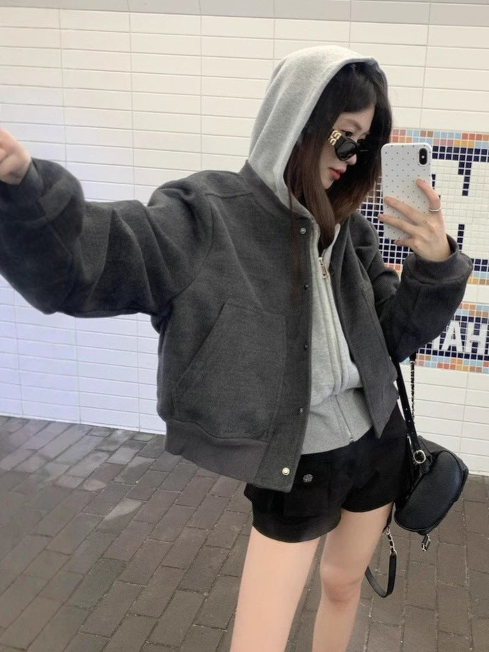 Vintage Hooded Stitching Short Jacket Coat Women's Autumn Suit Sense Loose Casual Baseball Suit Top Trendy Ins