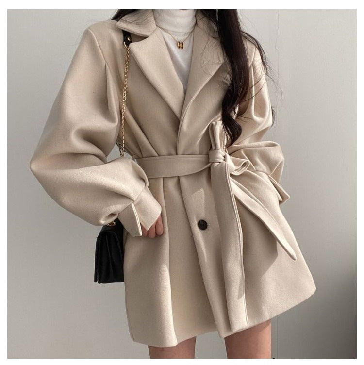 New Korean Style Autumn and Winter Wear Strap Elegant Small Women's Dress Collar Hepburn Style Mid-length Woolen Women's Coat Jacket