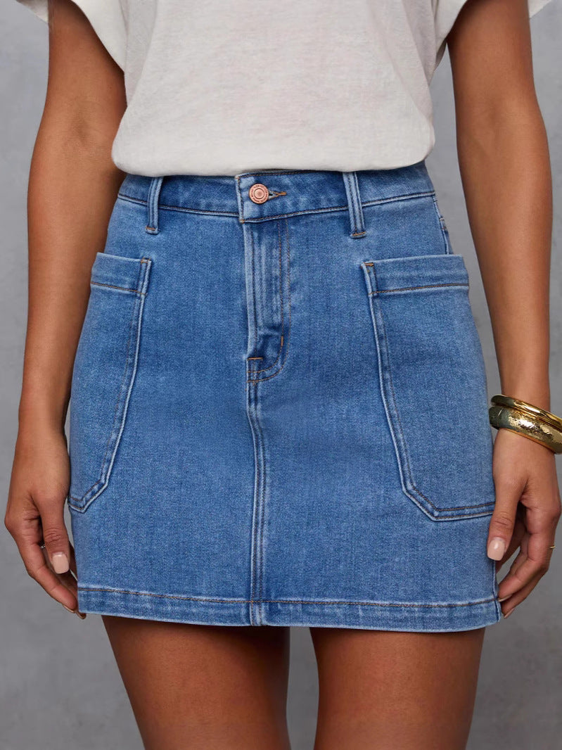 Factory Direct Sales Cross-Border Aliexpress Amazon Slim Casual Stretch Washed Denim Skirt for Women in Stock, Slimming Effect