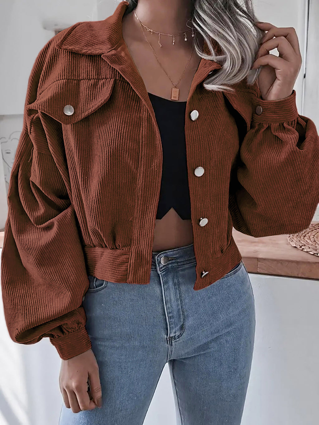 Ins Style Autumn and Winter European and American Lantern Long-Sleeved Corduroy Casual Short Outwear Jacket Amazon Hot Cross-Border Women's Clothing