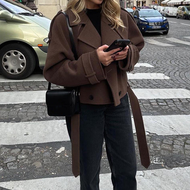 2025 Autumn and Winter European and American Cross-Border Women's Woolen Outwears, Comfortable and Comfortable Suit Collar Lace-Up Long-Sleeved Jackets for Women