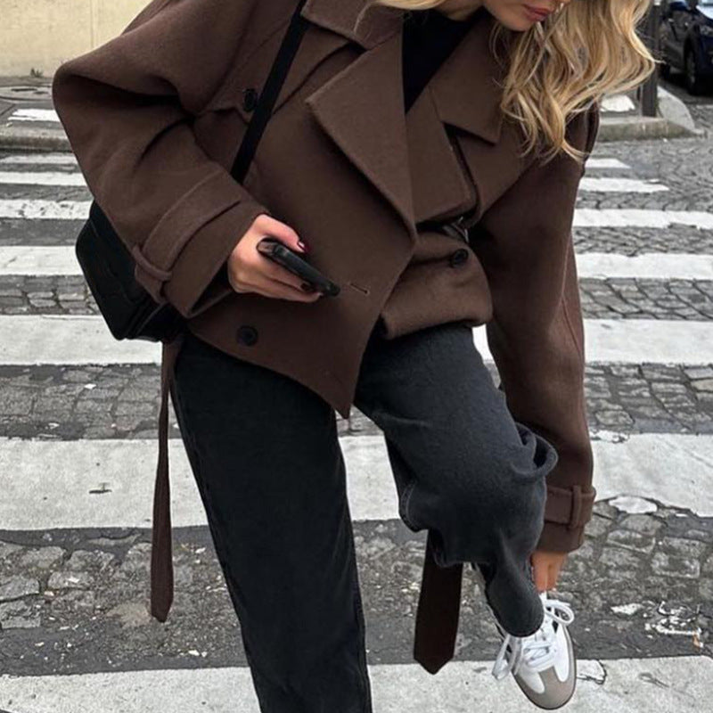 2025 Autumn and Winter European and American Cross-Border Women's Woolen Outwears, Comfortable and Comfortable Suit Collar Lace-Up Long-Sleeved Jackets for Women
