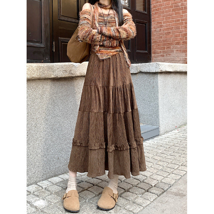 Korean Style Pleated Skirt Women's Autumn and Winter 2024 New Corduroy Lace High Waist Slimming A- line Mid-length Umbrella Skirt Ins