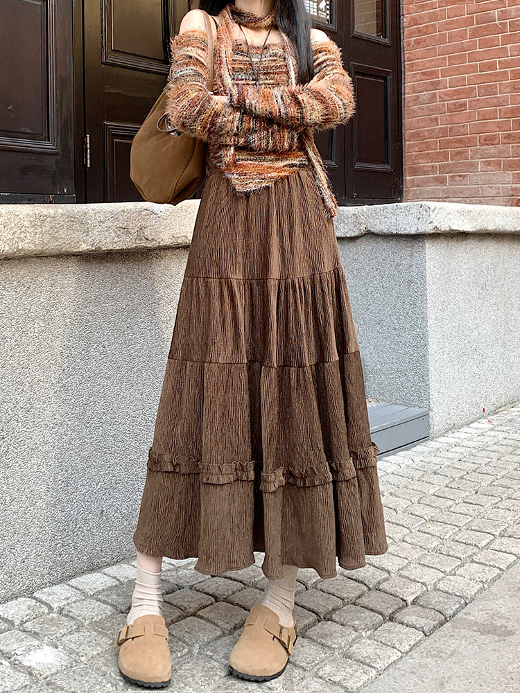 Korean Style Pleated Skirt Women's Autumn and Winter 2024 New Corduroy Lace High Waist Slimming A- line Mid-length Umbrella Skirt Ins
