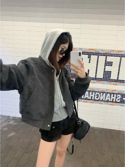 Vintage Hooded Stitching Short Jacket Coat Women's Autumn Suit Sense Loose Casual Baseball Suit Top Trendy Ins