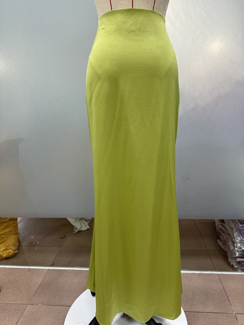 Foreign Trade Cross-Border Satin Skirt Spring and Summer New European and American Amazon Simple Imitation Silk Long Skirt Women's Clothing