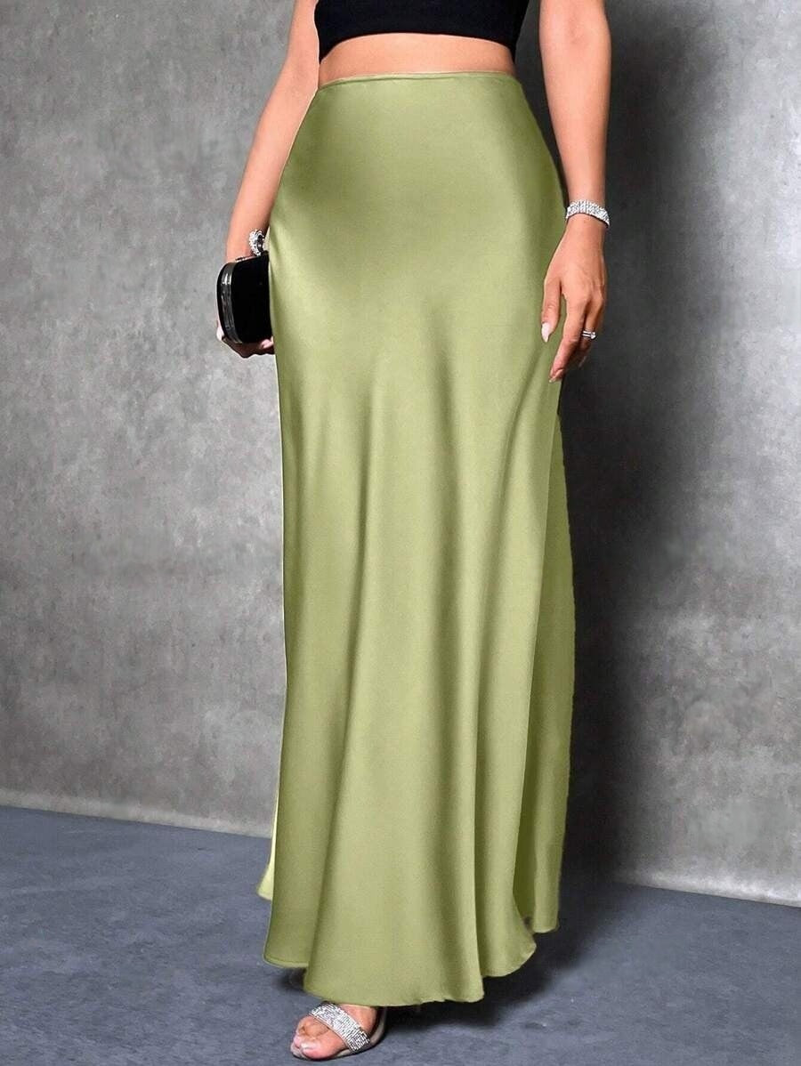 Foreign Trade Cross-Border Satin Skirt Spring and Summer New European and American Amazon Simple Imitation Silk Long Skirt Women's Clothing
