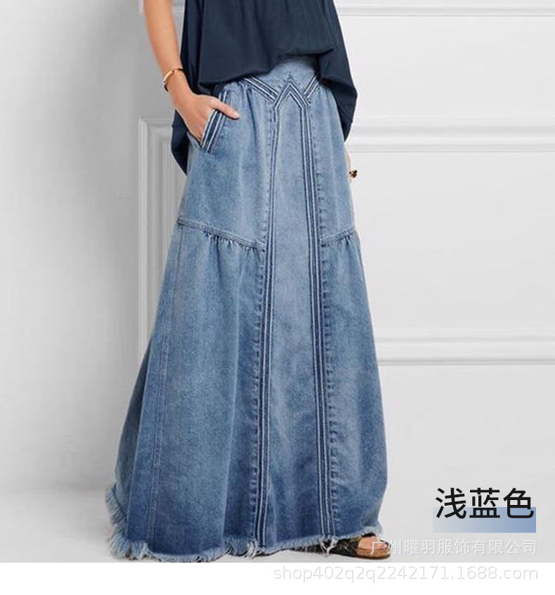 European and American Cross-Border Women's Autumn and Winter Denim A-Line Skirt Bundled with Brushed Elastic High Waist Simple Versatile Long Skirt
