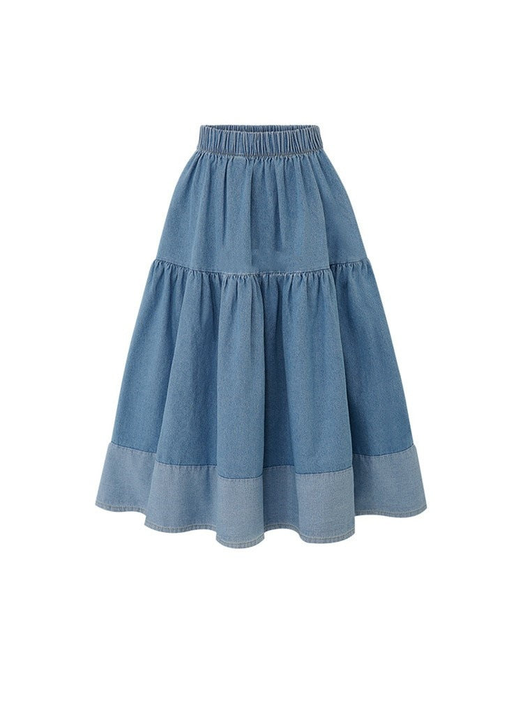 European and American Plus-Size Spring Clothing 2026 Plus-Size Elastic Waist Casual Versatile Skirt with Spliced Denim Hem Cross-Border Women's Fashion