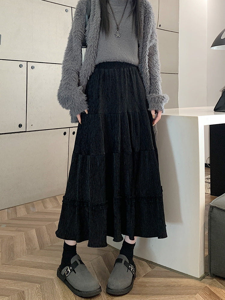 Korean Style Pleated Skirt Women's Autumn and Winter 2024 New Corduroy Lace High Waist Slimming A- line Mid-length Umbrella Skirt Ins