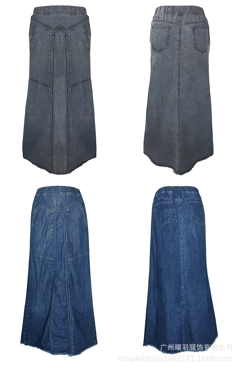 European and American Cross-Border Women's Autumn and Winter Denim A-Line Skirt Bundled with Brushed Elastic High Waist Simple Versatile Long Skirt