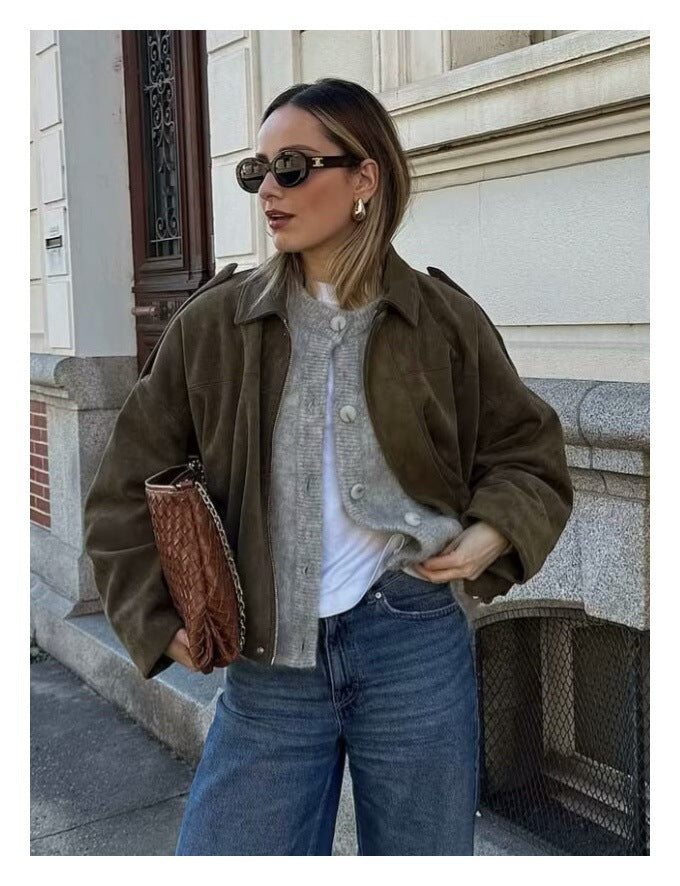 European and American Cross-Border Women's Clothing 2025 Early Spring New Fashion Suede Casual Style Versatile Casual Simple Aviator Jacket