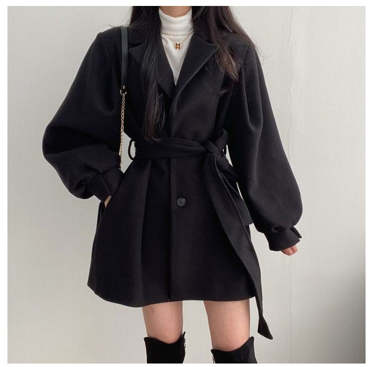 New Korean Style Autumn and Winter Wear Strap Elegant Small Women's Dress Collar Hepburn Style Mid-length Woolen Women's Coat Jacket