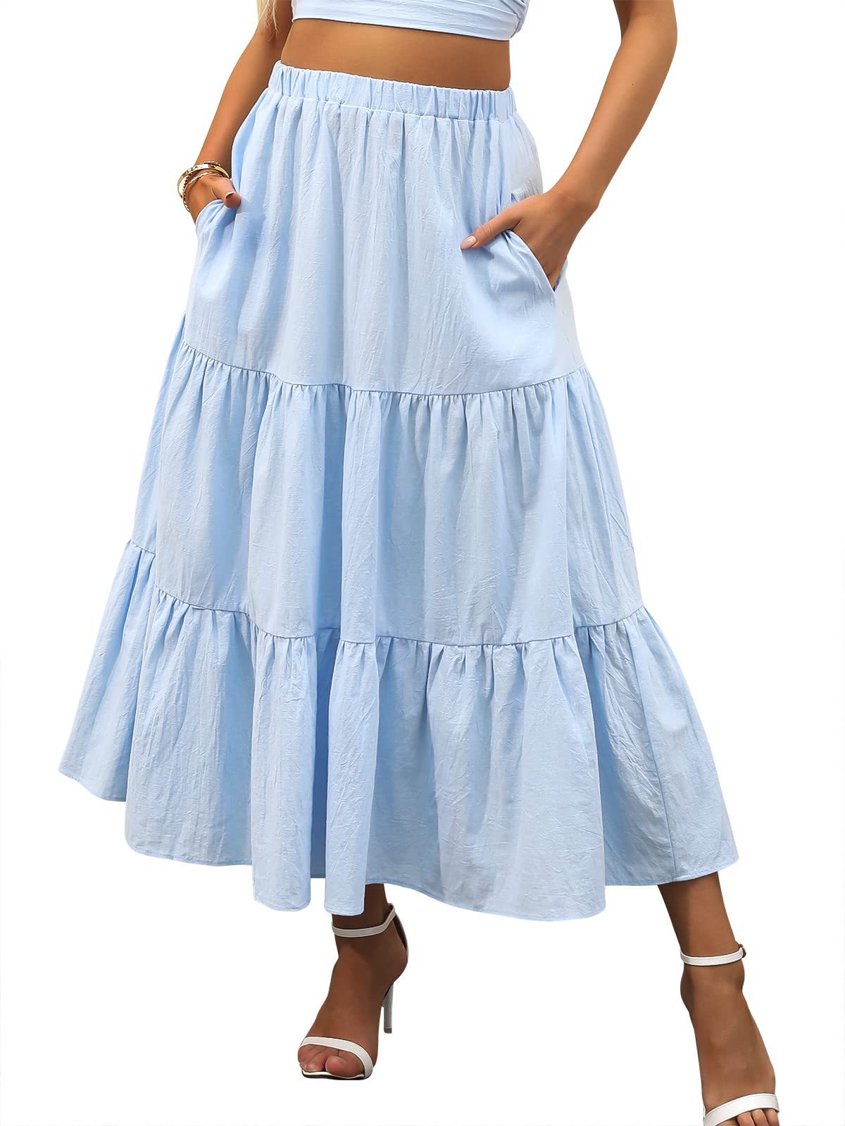 Amazon Women's Summer Bohemian Pleated A-Line Flowy Swing Layered New Skirt with Pockets