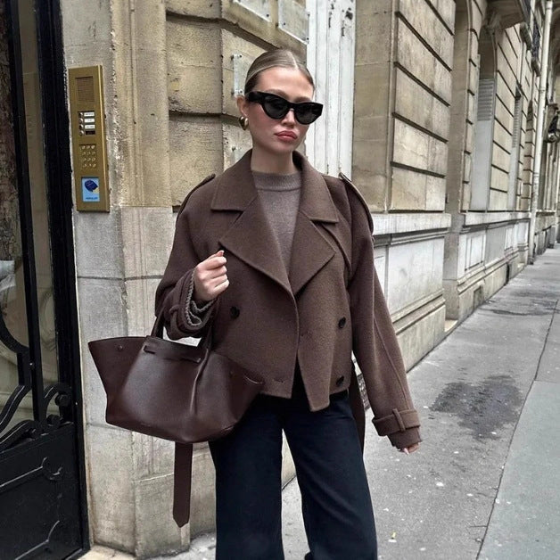2025 Autumn and Winter European and American Cross-Border Women's Woolen Outwears, Comfortable and Comfortable Suit Collar Lace-Up Long-Sleeved Jackets for Women
