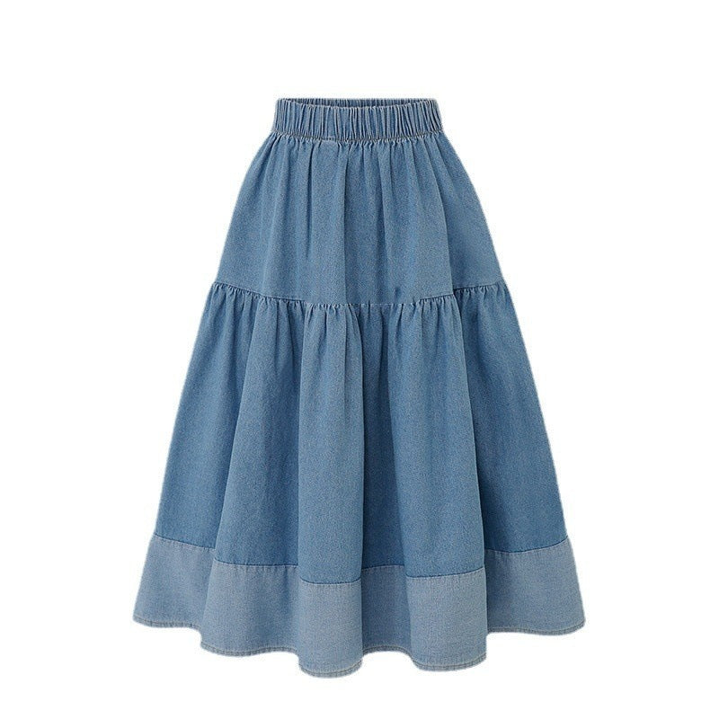 European and American Plus-Size Spring Clothing 2026 Plus-Size Elastic Waist Casual Versatile Skirt with Spliced Denim Hem Cross-Border Women's Fashion