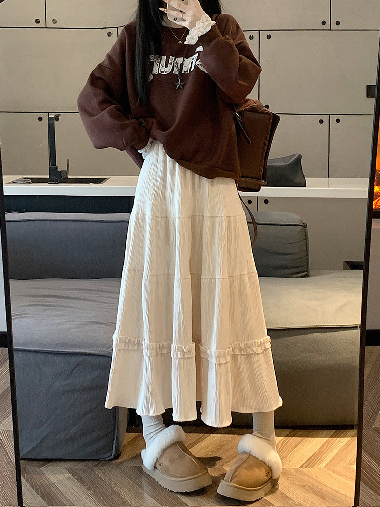Korean Style Pleated Skirt Women's Autumn and Winter 2024 New Corduroy Lace High Waist Slimming A- line Mid-length Umbrella Skirt Ins