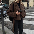 2025 Autumn and Winter European and American Cross-Border Women's Woolen Outwears, Comfortable and Comfortable Suit Collar Lace-Up Long-Sleeved Jackets for Women
