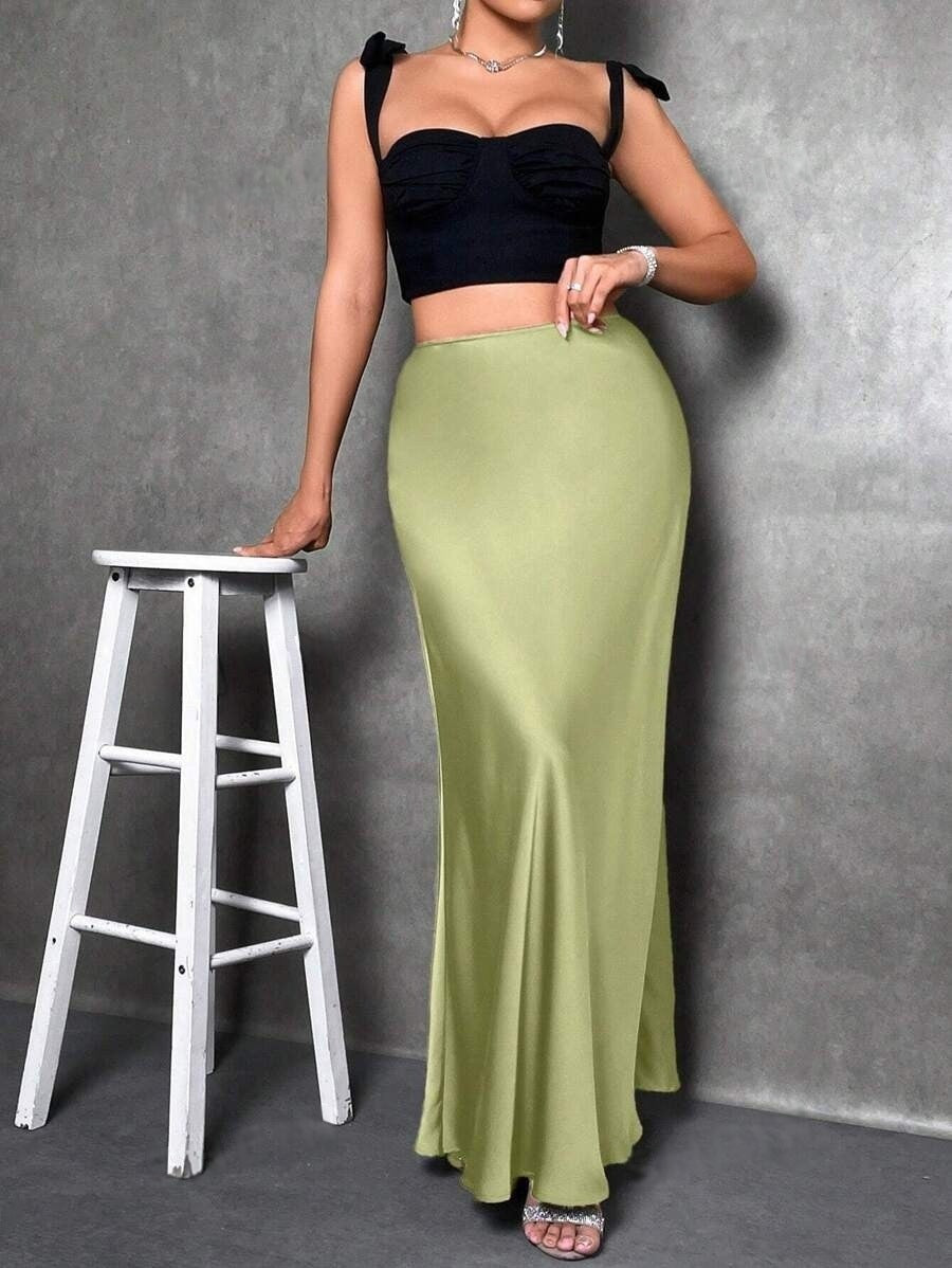 Foreign Trade Cross-Border Satin Skirt Spring and Summer New European and American Amazon Simple Imitation Silk Long Skirt Women's Clothing