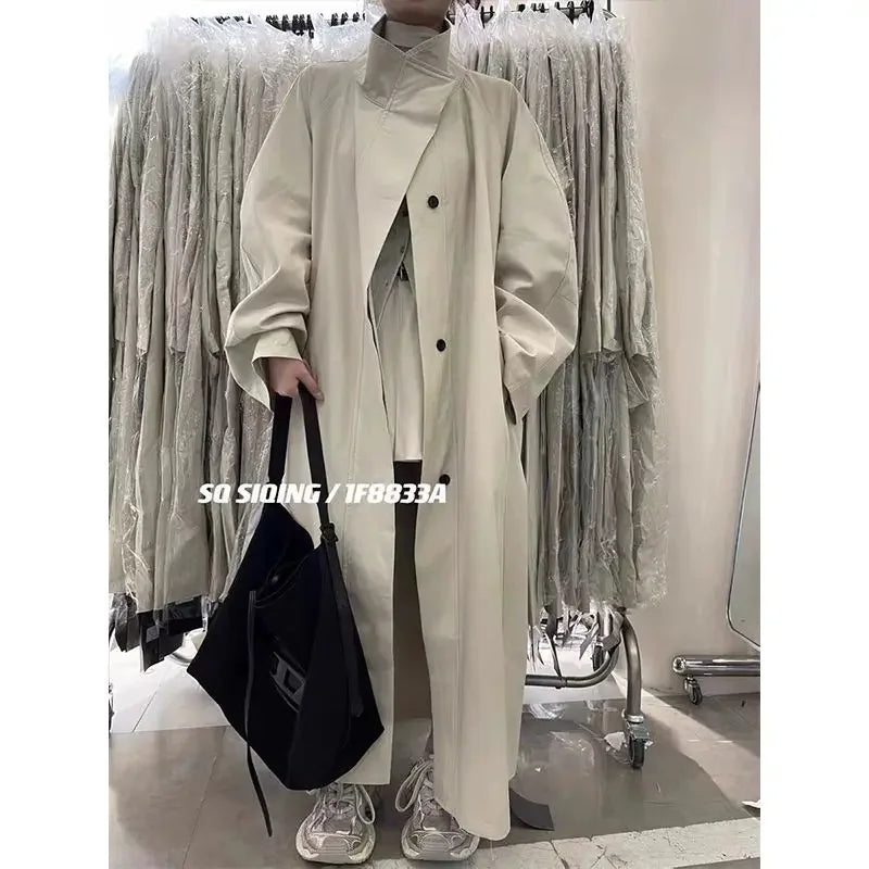 2026 Autumn High-End Stylish Minimalist Chic Lazy Style Solid Color Long Stand Collar Trench Coat for Women