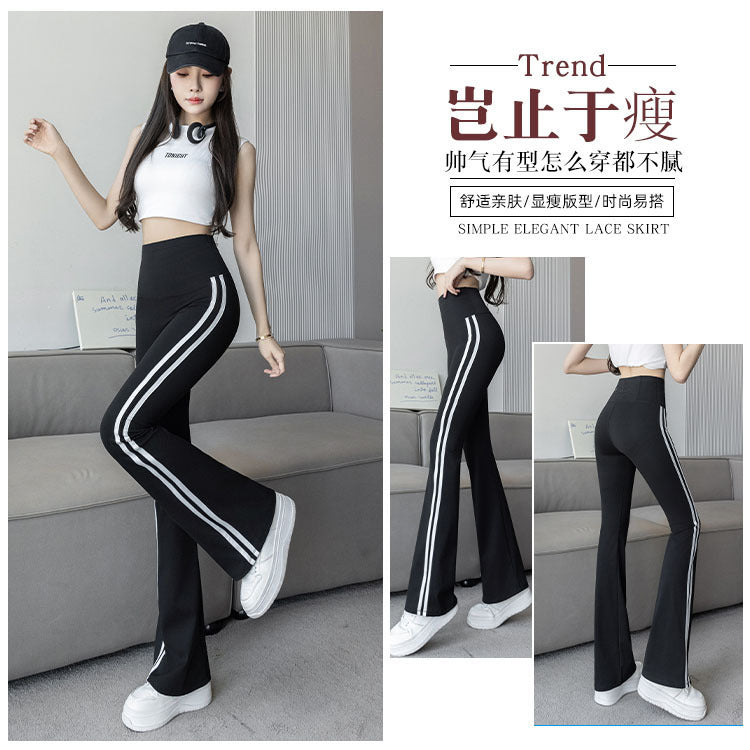 Plus Size Shark Bell Bottoms Spring Pants Women's Outer Wear Boot-Cut Pants Shark Pants High Waist Slim Side White Striped Women's Pants