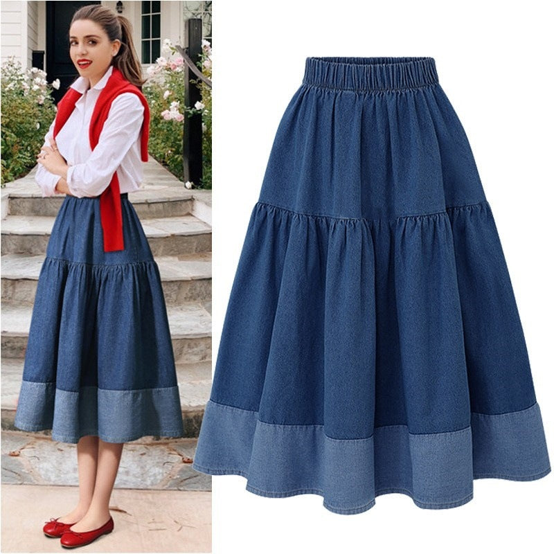 European and American Plus-Size Spring Clothing 2026 Plus-Size Elastic Waist Casual Versatile Skirt with Spliced Denim Hem Cross-Border Women's Fashion