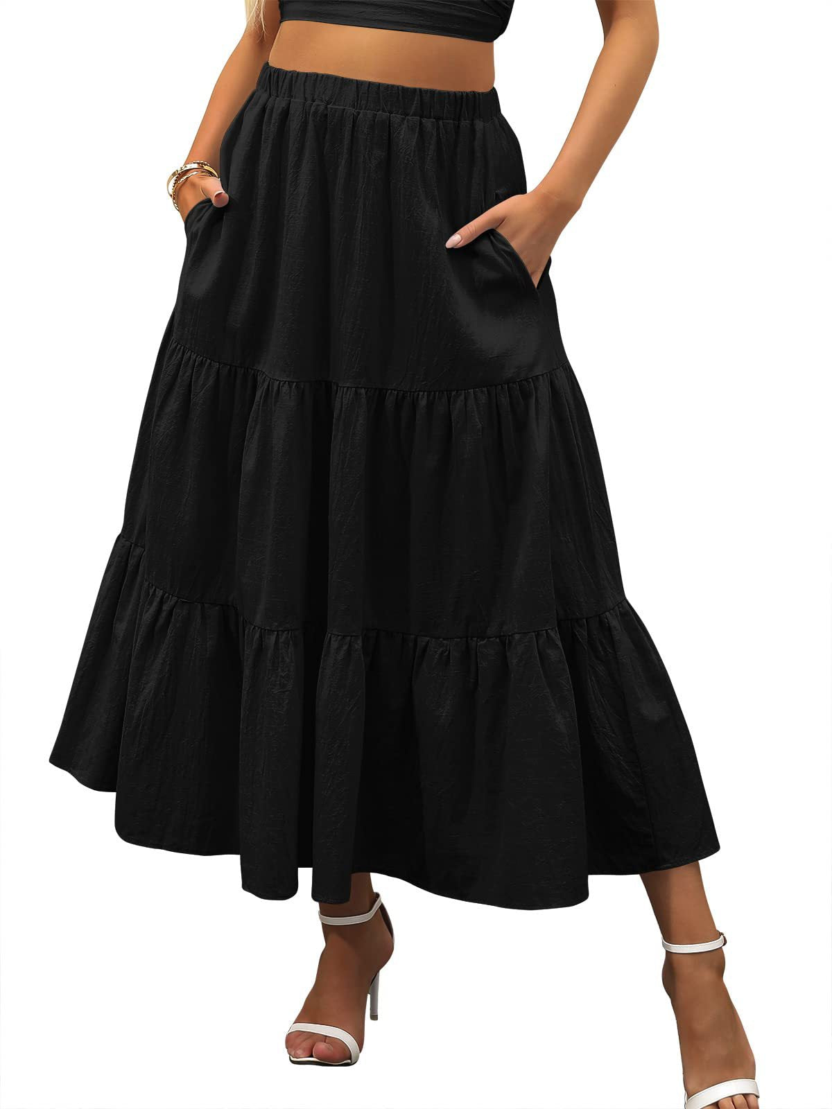 Amazon Women's Summer Bohemian Pleated A-Line Flowy Swing Layered New Skirt with Pockets