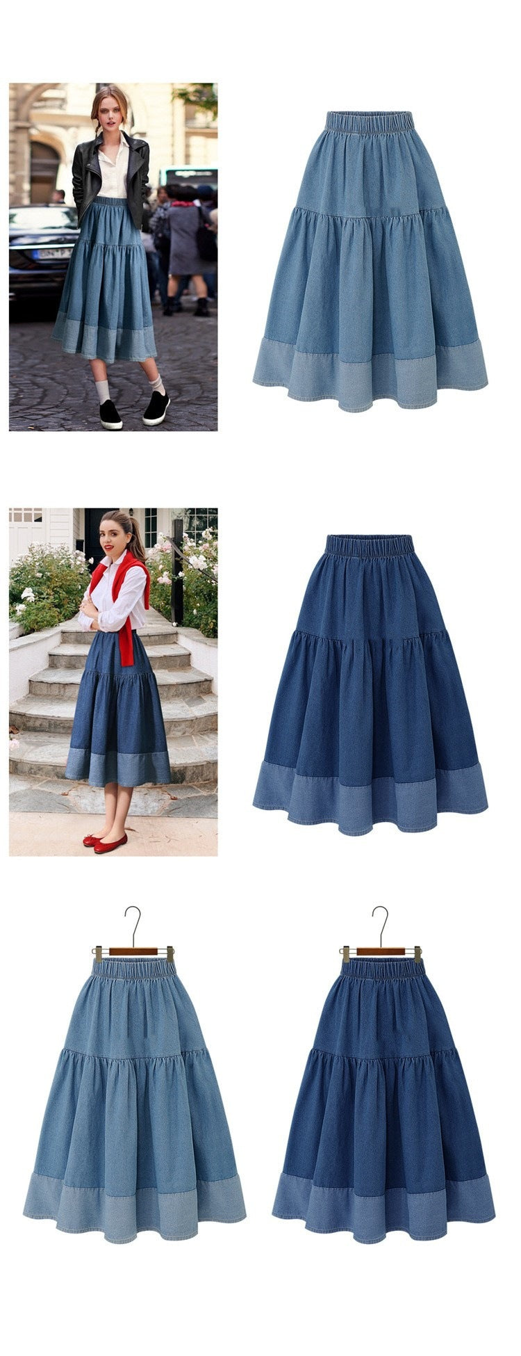European and American Plus-Size Spring Clothing 2026 Plus-Size Elastic Waist Casual Versatile Skirt with Spliced Denim Hem Cross-Border Women's Fashion