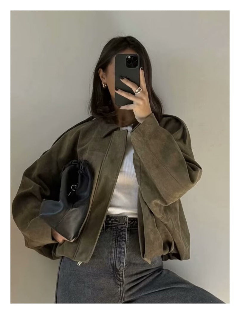 European and American Cross-Border Women's Clothing 2025 Early Spring New Fashion Suede Casual Style Versatile Casual Simple Aviator Jacket