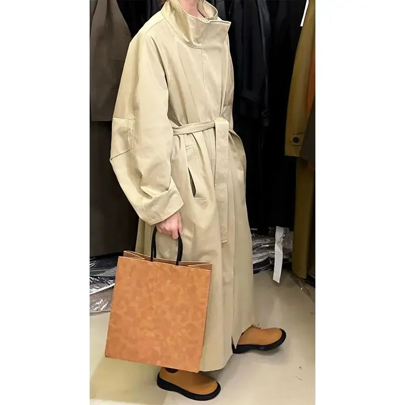 2026 Autumn High-End Stylish Minimalist Chic Lazy Style Solid Color Long Stand Collar Trench Coat for Women