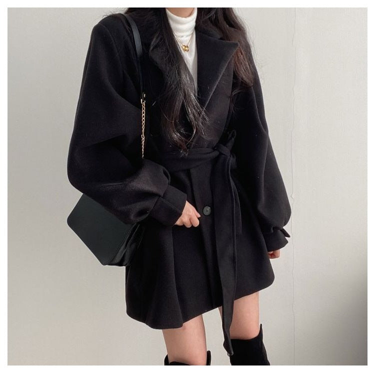 New Korean Style Autumn and Winter Wear Strap Elegant Small Women's Dress Collar Hepburn Style Mid-length Woolen Women's Coat Jacket