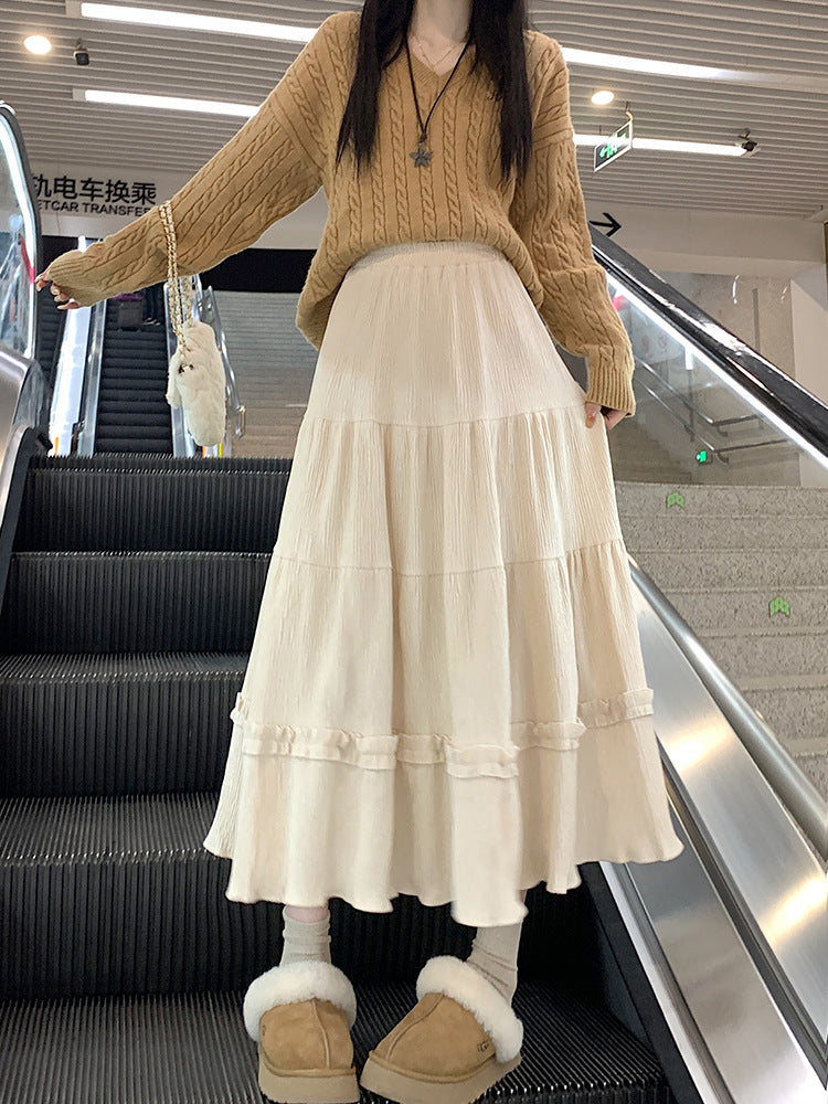 Korean Style Pleated Skirt Women's Autumn and Winter 2024 New Corduroy Lace High Waist Slimming A- line Mid-length Umbrella Skirt Ins
